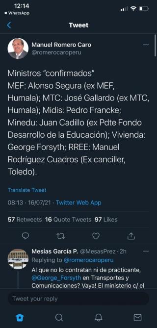 Tweet Manuel Romero Caro 16 jul 2021